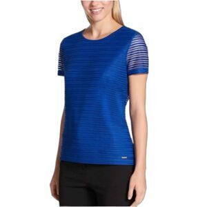 Calvin Klein Blue Striped Textured Blouse Size M Double Layer Stretch Pullover